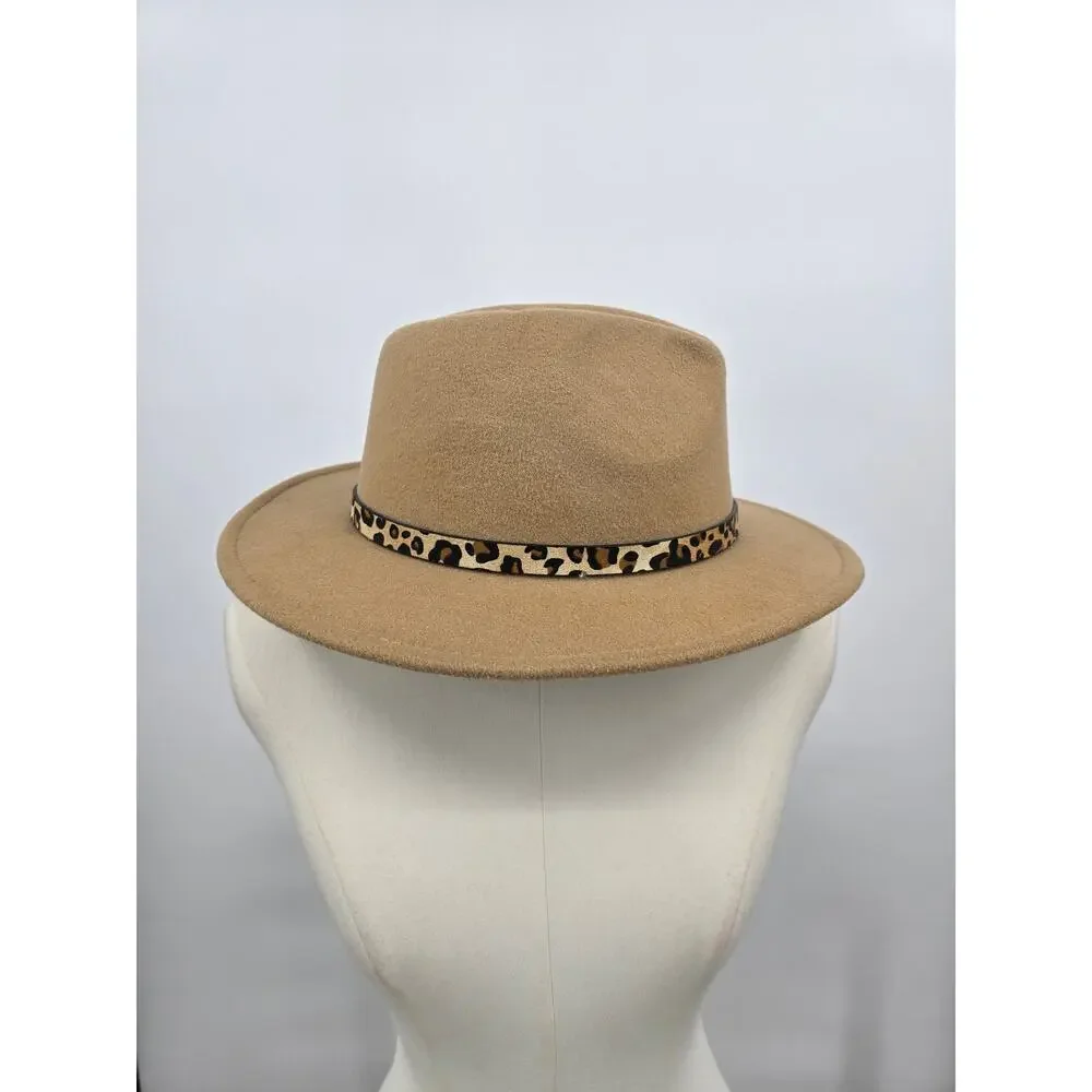 Camel Wool Fedora Hat with Leopard Print Band – Adjustable – Style PR107‎